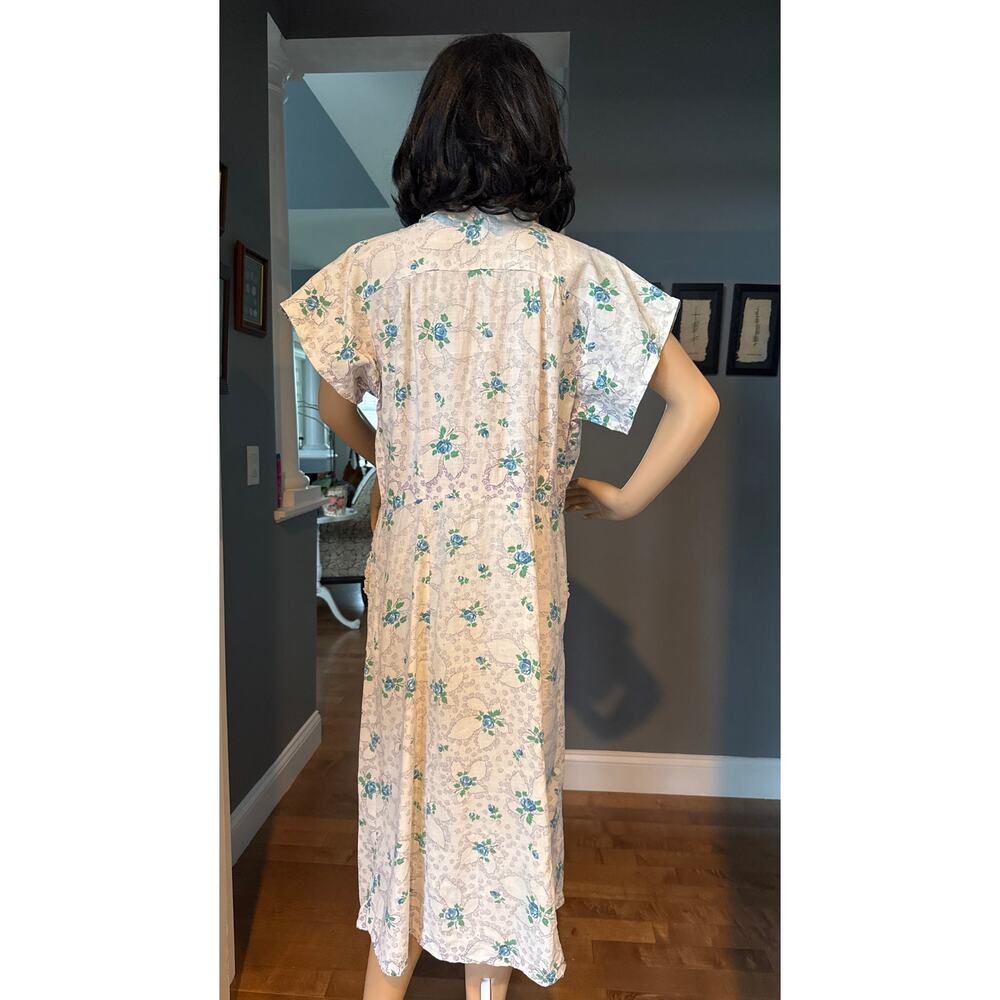 1950s Handmade Floral Day Dress Blue Rose Eyelet Trim Medium - Picture 5 of 16
